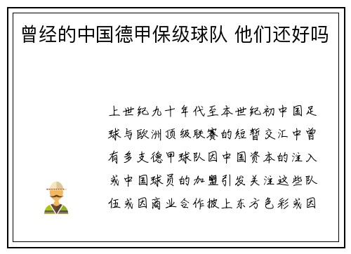 曾经的中国德甲保级球队 他们还好吗